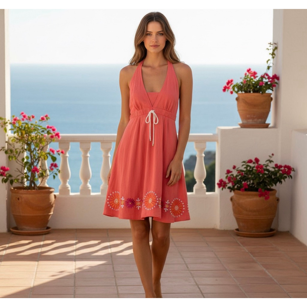 Lilly Pulitzer Women’s Coral Embroidered Floral Halter Cotton Sundress Size 6